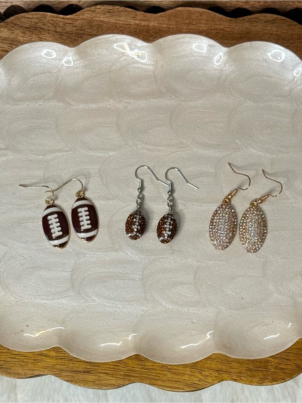 Football & Rhinestone Dangle Earring Trio - Brown, Silver, Rose Gold